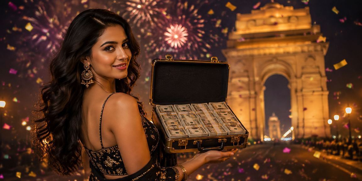 Evening lottery ticket sales and winnings celebration near Delhi landmark