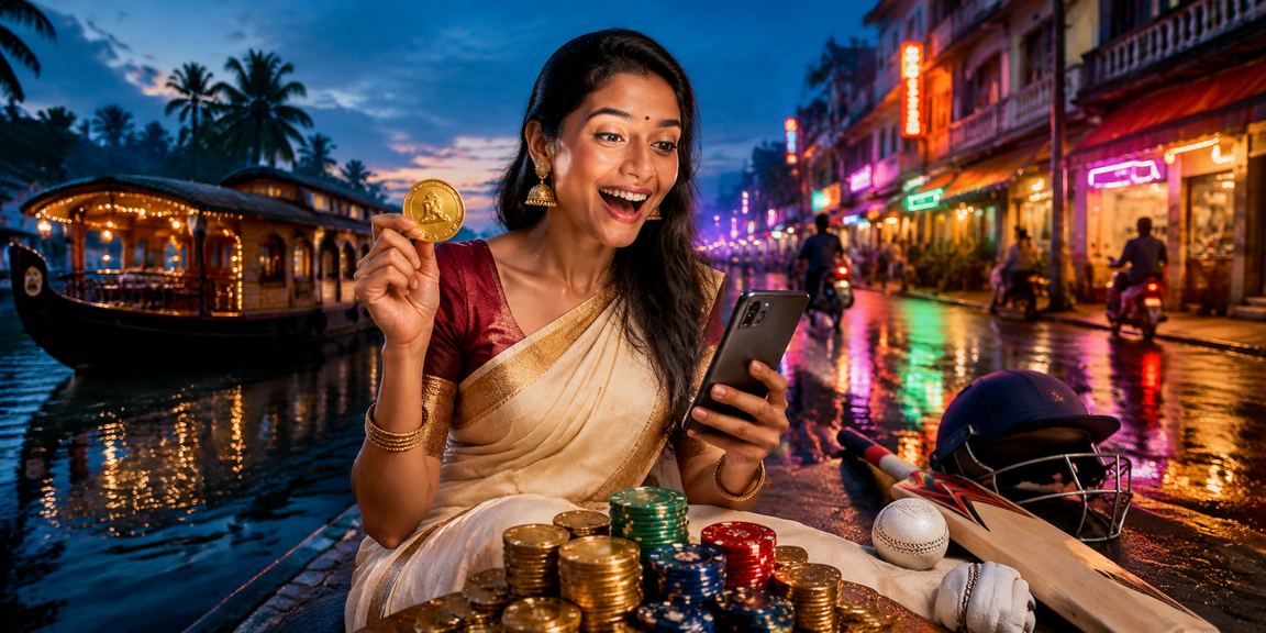 Evening cricket betting activity with neon lighting on Kerala’s backwaters
