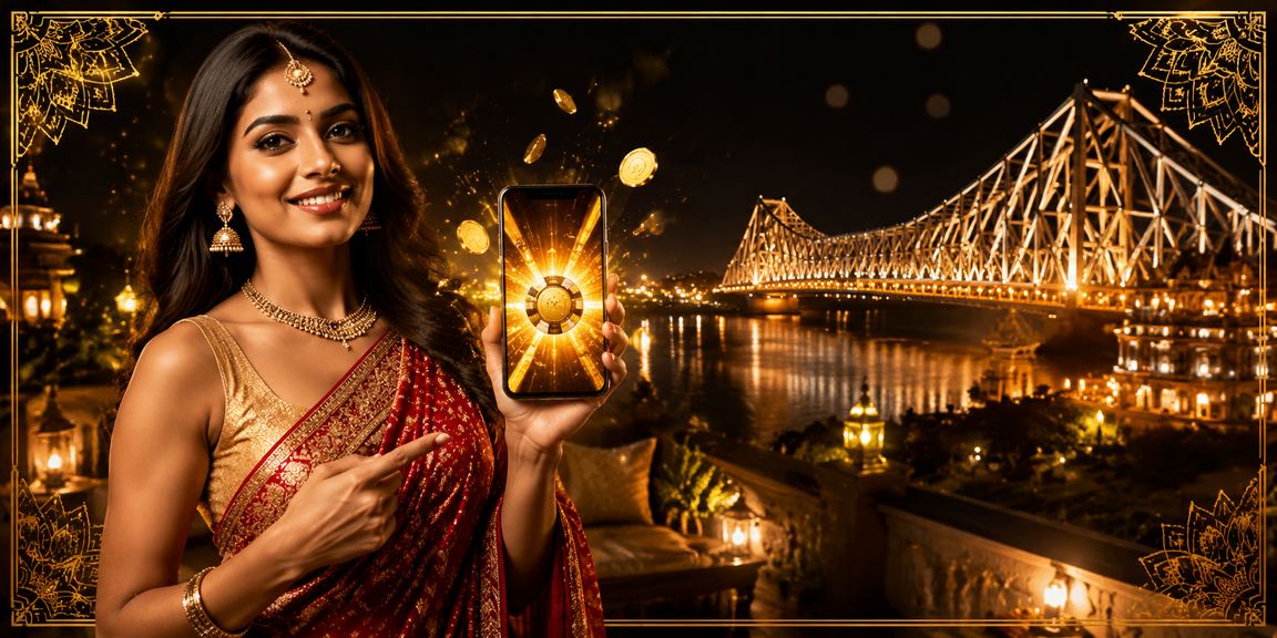 Festive Teen Patti gathering with players in traditional sarees in Kolkata near Howrah Bridge